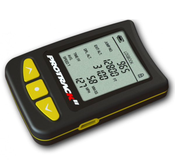 Protrack 2 audible altimeter with yellow buttons and screen.