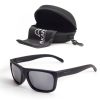 Akando Sky Floater Sunglasses. Shown from the side with hard case behind