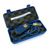 Vigil Cuatro AAD. Blue device with blue cable. Silver cutter and control unit. Shown inside of the box