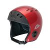 Gath Eva open face skydiving helmet, red color. Shown from the side