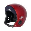 Gath Neo open face skydiving helmet, red color. Shown from the side