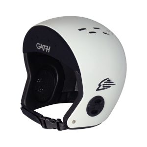Gath Neo open face skydiving helmet, white color. Shown from the side