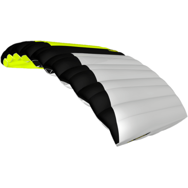 Lazy Lover Student Canopy made by JYRO. Center Rib is black, the rest are white and neon yellow. Shown from the side