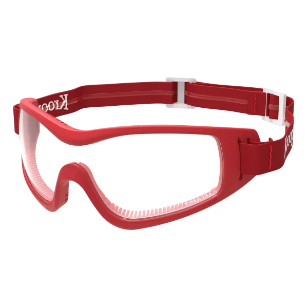 Kroops Arch skydiving goggles with clear lens, red frame and red strap