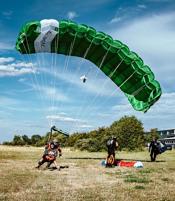 Paratec Twin Millenium Main Tandem Canopy. Shown from the front during landing