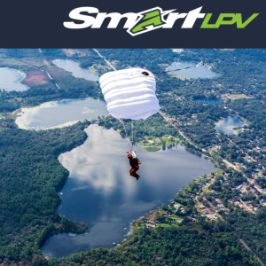 Aerodyne Smart LPV reserve canopy. Shown from the side during flight