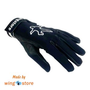 Wingstore gloves with black leather on the bottom part. It has logo of a jumper and name of company on the fastener.
