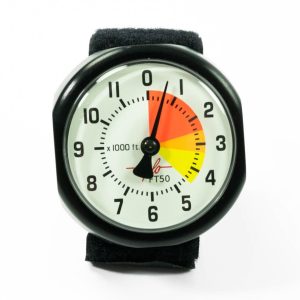 Viplo FT50 Analog Altimeter, 12000 feet white dial, with black case and Velcro mount. Shown from the front