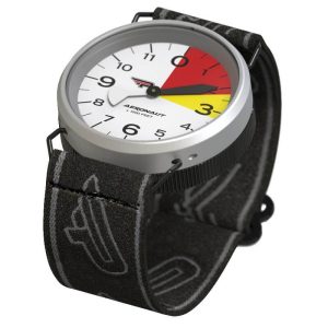 Parasport Italia Aeronaut analog altimeter with 12000 feet white dial and silver case. Black and Grey mount