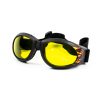 Cruiser Skydiving Goggles with yellow lens and black frame with flames. Shown from the front