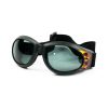 Cruiser Skydiving Goggles with smoke lens and black frame with flames. Shown from the front