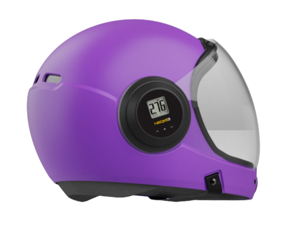 Parasport Italia ZX IAS Fullface helmet with an altimeter installed inside of it. Shown from the back with closed visor. Purple color