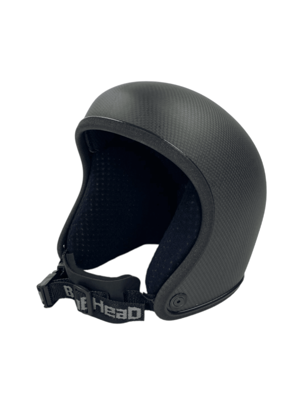 Bonehead Allsport open face skydiving helmet. Black Carbon color shown from the side