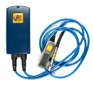Vigil Cuatro AAD. Shown from the front with blue case and cable. The control unit and cutter is silver