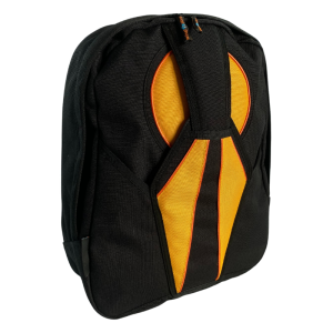 Wingstore Javelin backpack made from cordura. Black Cordura, orange piping and yellow inserts