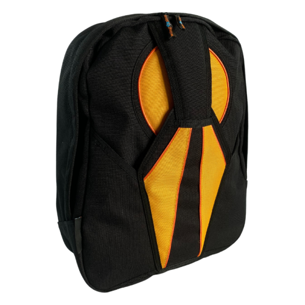 Wingstore Javelin backpack made from cordura. Black Cordura, orange piping and yellow inserts