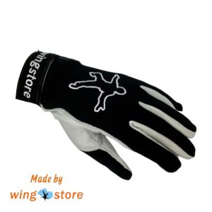 Wingstore gloves with white leather on the bottom part. It has logo of a jumper and name of company on the fastener.