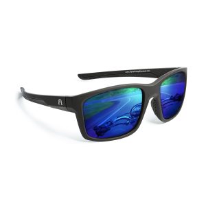 Birdz Alpha Omega 4 Sunglasses with black frame and blue lenses. Alpha Omega Logo is printed on the side of the frame
