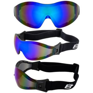 Birdz Boogie Goggles, with Blue mirror lenses. Picture shows them from 3 angles