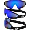 Birdz Wren Goggles, with Blue mirror lenses. Picture shows them from 3 angles